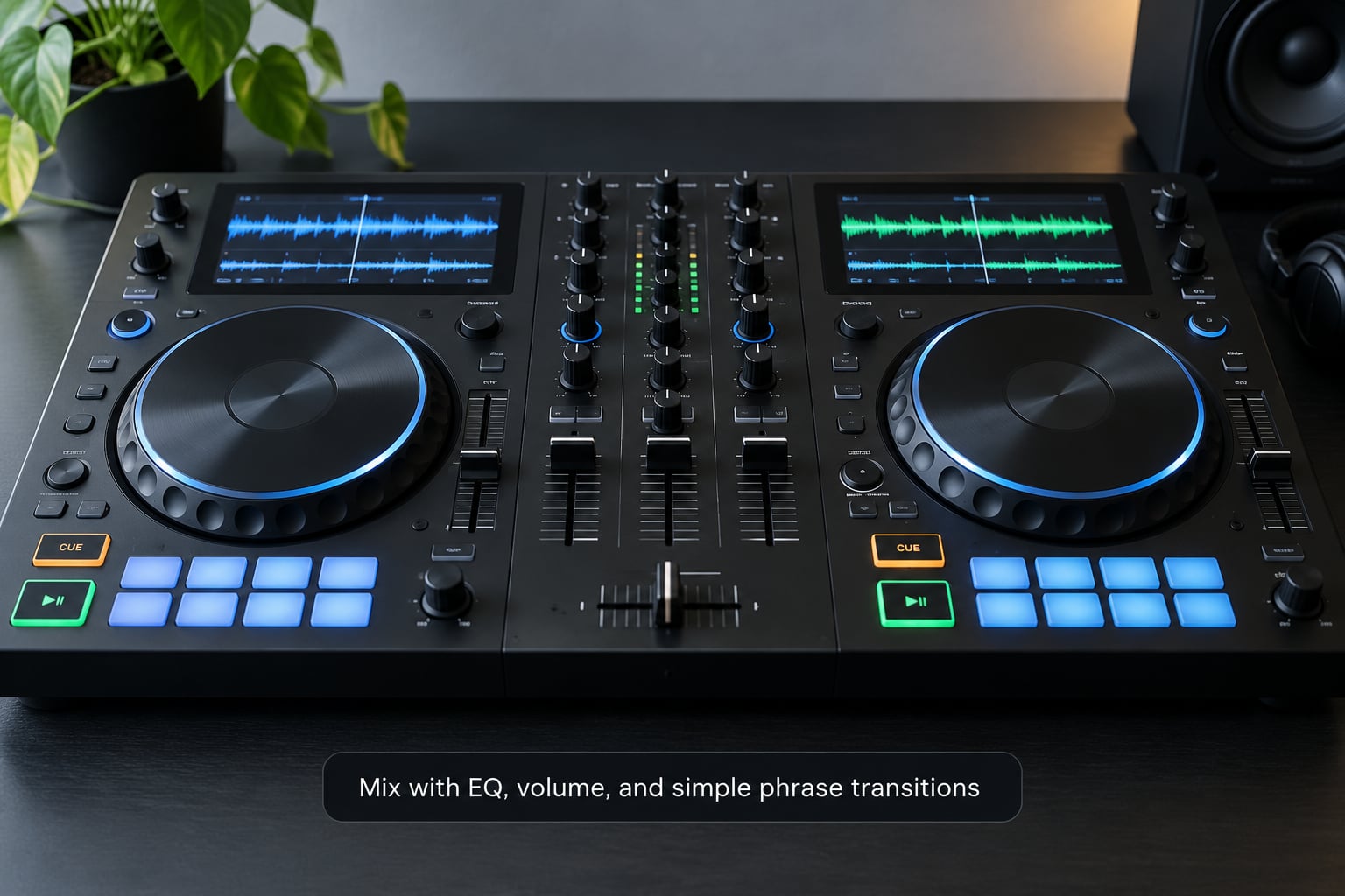 Mix with EQ, volume, and simple phrase transitions